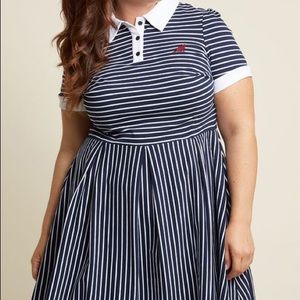 Blue/White Striped Pointed Collar A-Line Plus Size